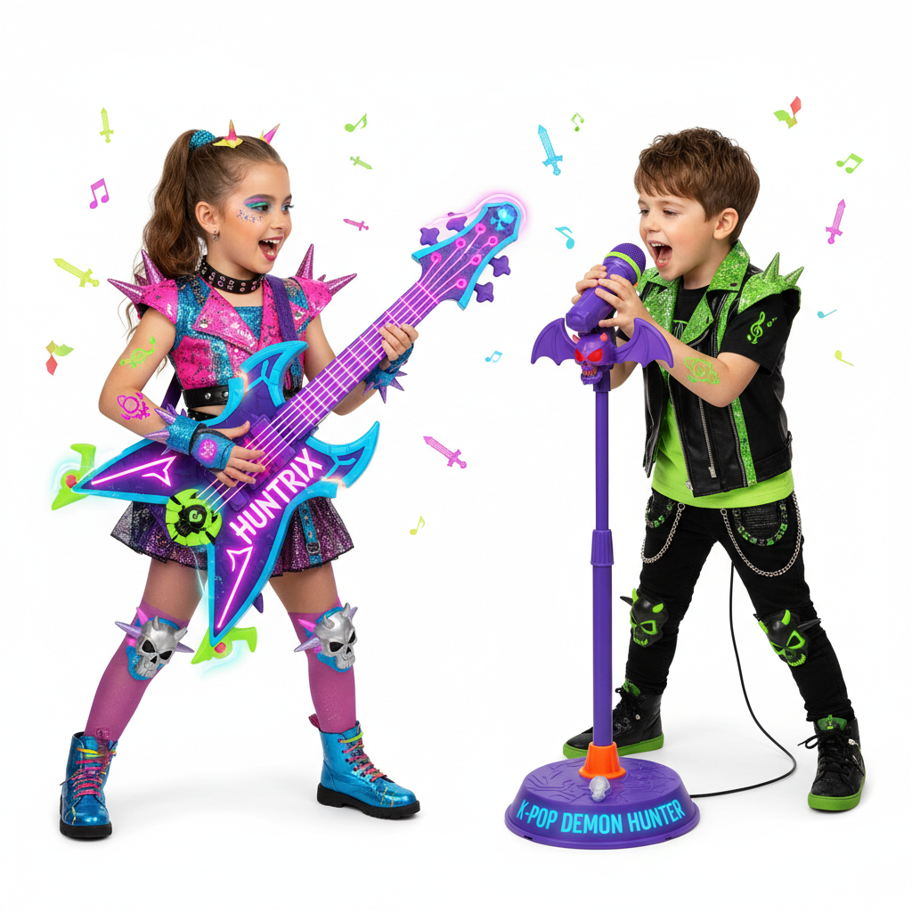 Huntrix K-pop Demon Hunters Play Guitar and Microphone