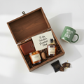 Father's Day Gift Box flatlay with wallet, candle, chocolates, beer and personalised card