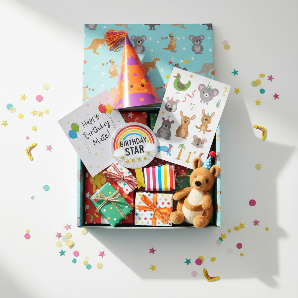 Birthday Gift Box flatlay with plush toy, party hat, stickers, badge and birthday card