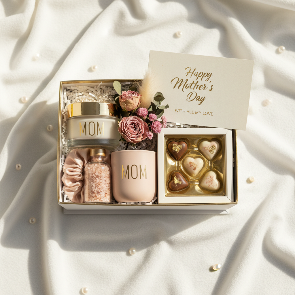 Mother's Day Gift Box flatlay with face cream, candle, bath salts, scrunchie, chocolates and dried flowers