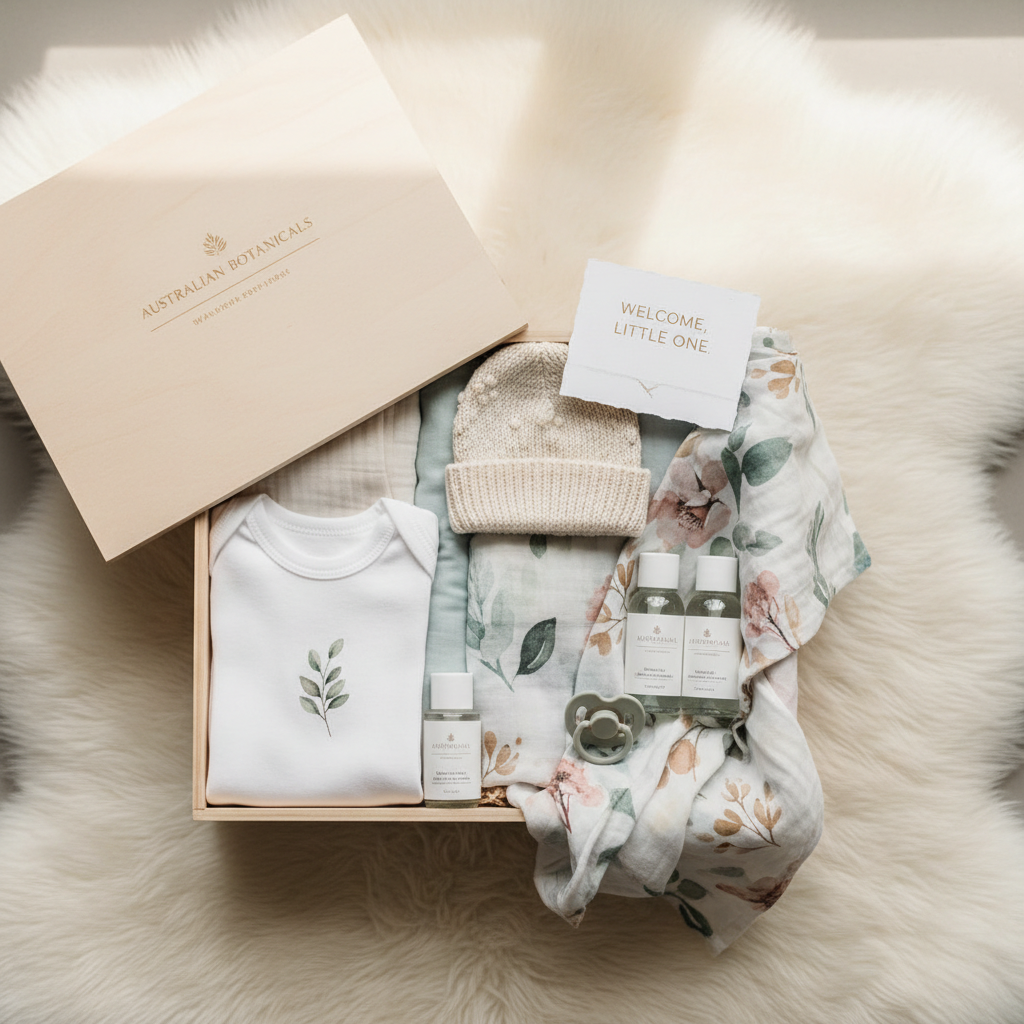 Newborn Essentials Gift Box flatlay with onesie, swaddle, beanie, bath products and keepsake card